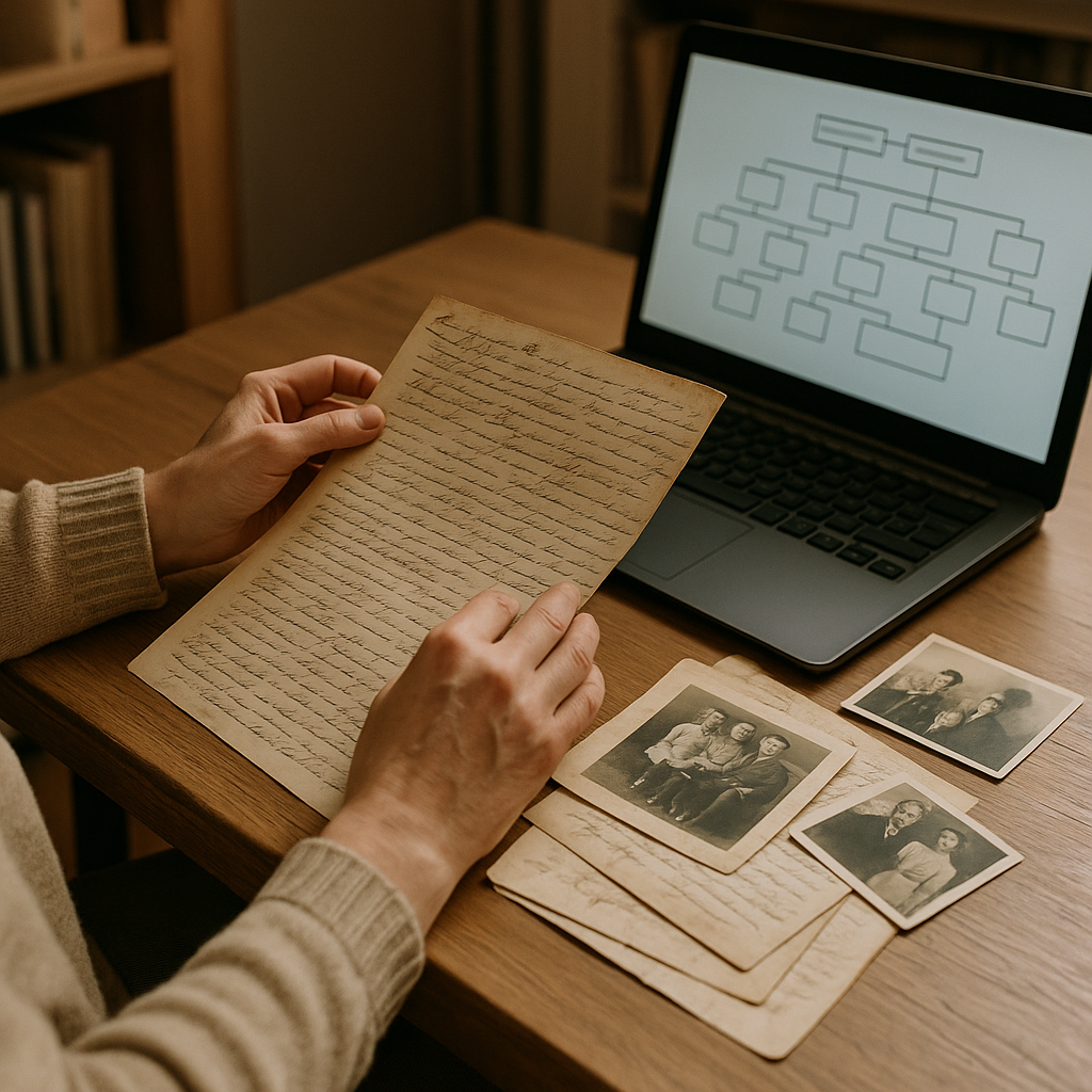 Person studying family history documents and building a family tree